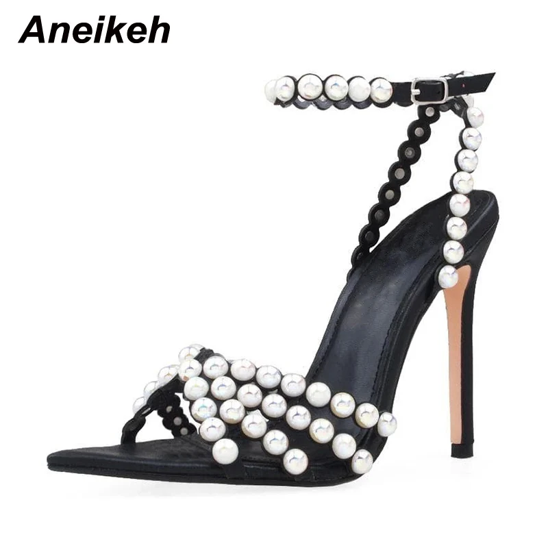 

Aneikeh Sexy Thin High Heel Women Summer Gladiator Party Dress Sandals Pointed Toe Ankle Crystal Decoration Buckle Strap 37-42