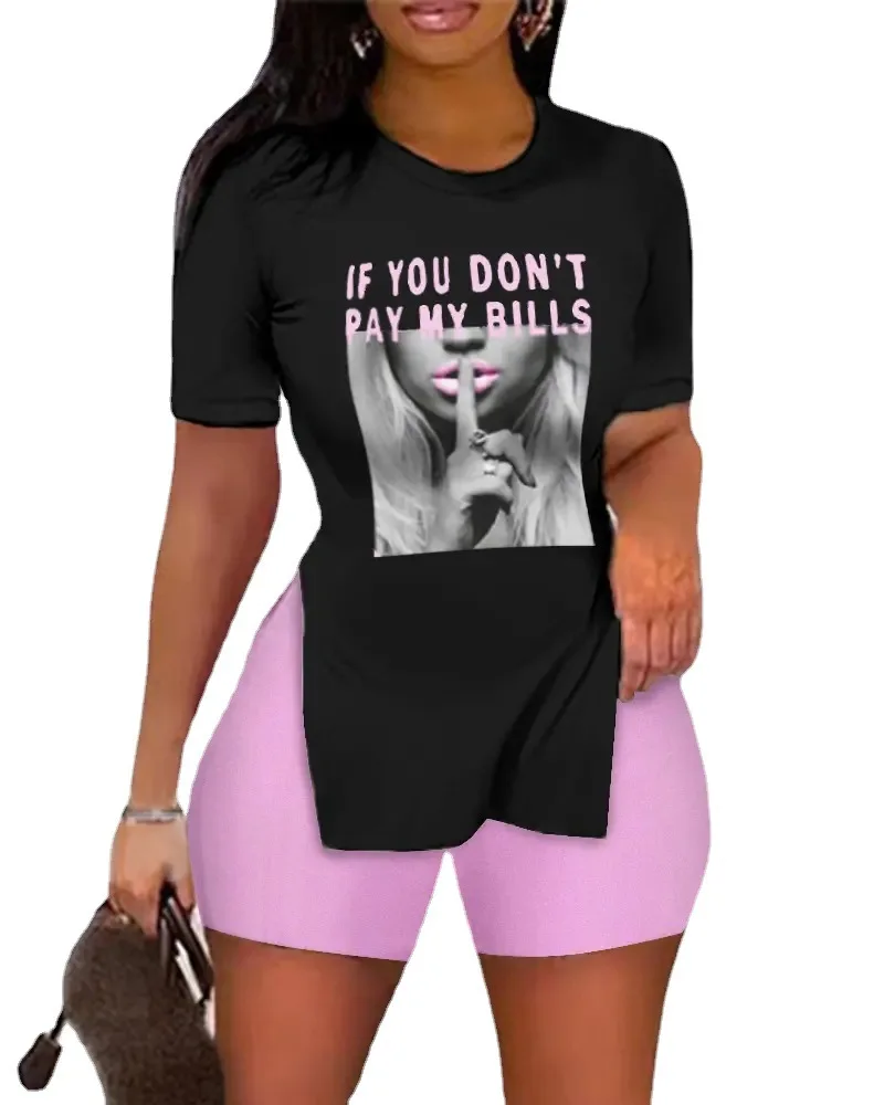 

Casual T Shirts + Skinny Short Pants Suit Women Two Piece Set Summer New Print Letter Slit Hem Short Sleeve Shorts Top Tracksuit