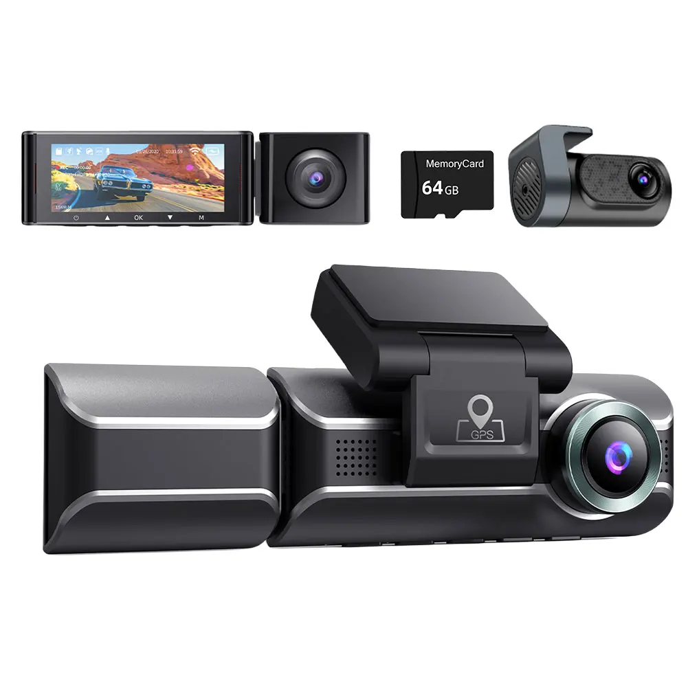 

Автомобильный видеорегистратор с 3 объективами, циклическая запись, 4K + 1080P, автомобильная видеокамера со встроенным Wi-Fi, GPS, автомобильная видеокамера с SD-картой на 64 Гб/128 ГБ, ИК ночным видением