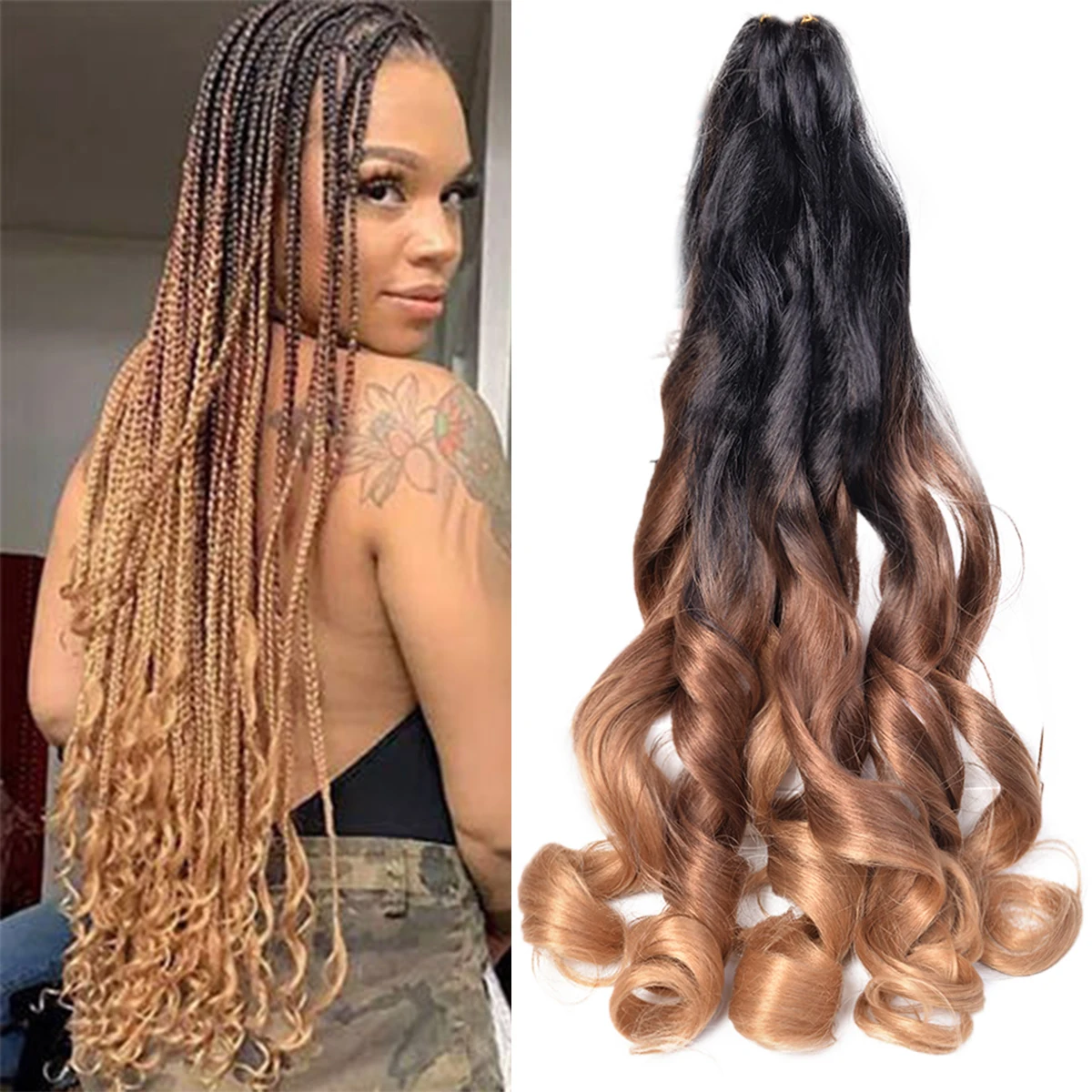 

Synthetic Loose Wave Spiral Curl Braid Hair Ombre Pre Stretched Crochet Braiding Hair Extensions For Black Women French Curls