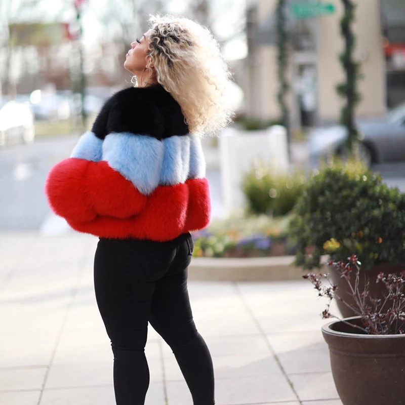 Contrast Color Natural Fox Fur Jacket Women Streetwear Winter New Thicken Warm Tide Outertwear Lady Genuine Fox Fur Coat Female