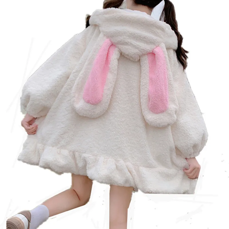 Japanese Style Autumn Winter Women Sweet Warm Jacket Kawaii Soft Woman Fur Rabbit Ears Hooded Coats Girls Parkas Outwear |