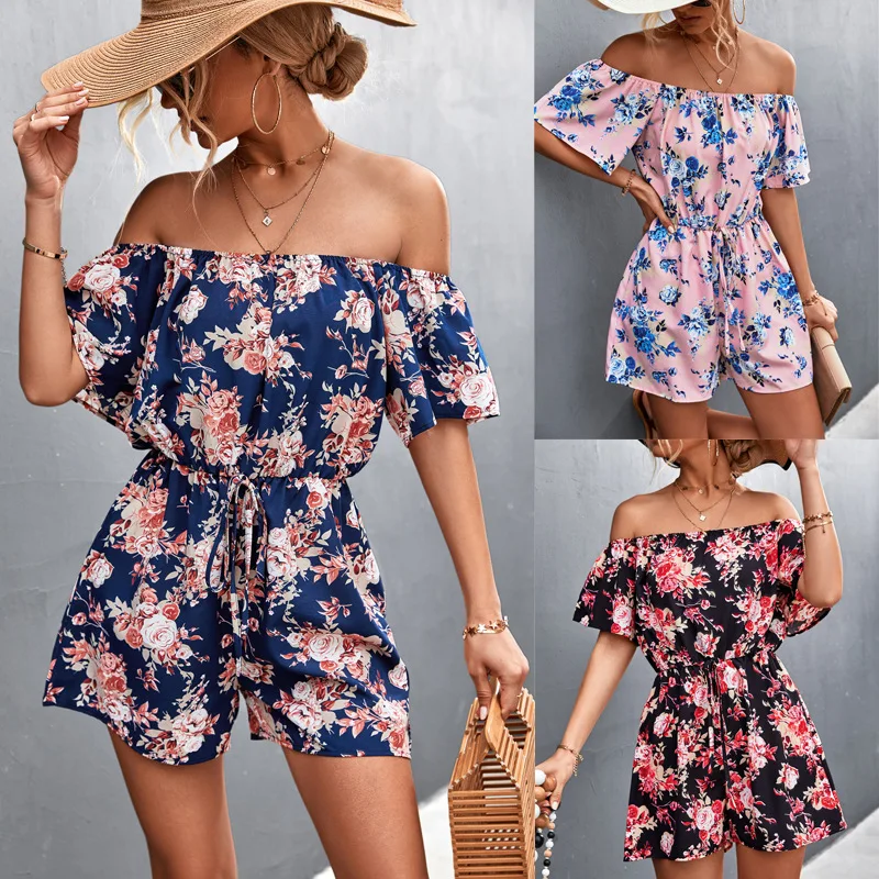 

Elegant Ladies Floral Temperament One-word Neck Jumpsuit Fashion Casual Suit Ladies Sexy V-Neck Striped Suspender Jumpsuit