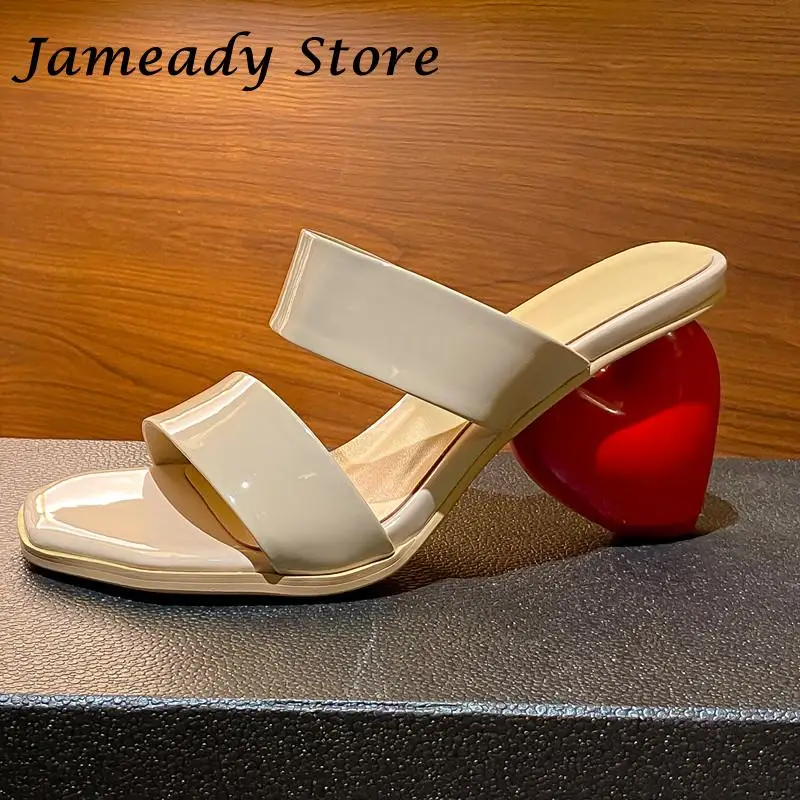 

Women Red Heart Heel Slippers Patent Leather Peep Toe Fashion Sandals High Heel Slip On Summer Shoes Outdoor Slippers Female