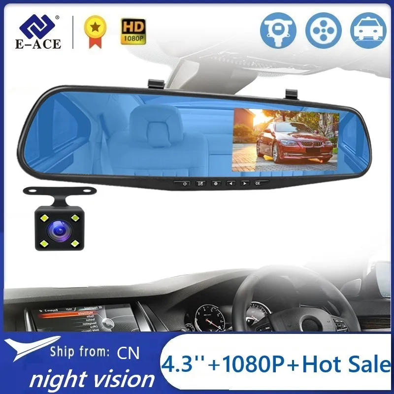 

E-ACE Full HD 1080P Car Dvr Camera Auto 4.3 Inch Rearview Mirror Digital Video Recorder Dual Lens Registratory Camcorder