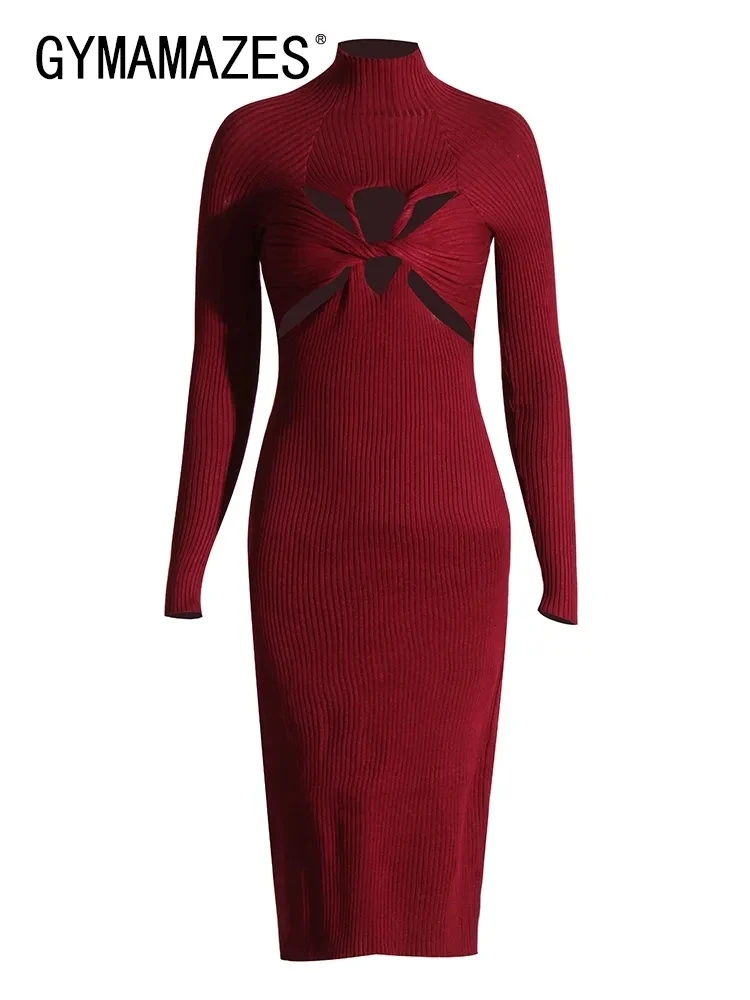 

GYMAMAZES Crisscross Twist Front Cut Out Knitting Dresses For Women Half High Collar Long Sleeve Tunic Slim Dress Female Fashion