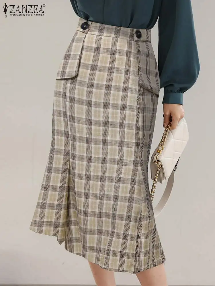 

Юбка-годе ZANZEA Женская плиссированная Асимметричная, модная клетчатая юбка-годе с принтом, с завышенной талией, элегантная облегающая бедра, 2023