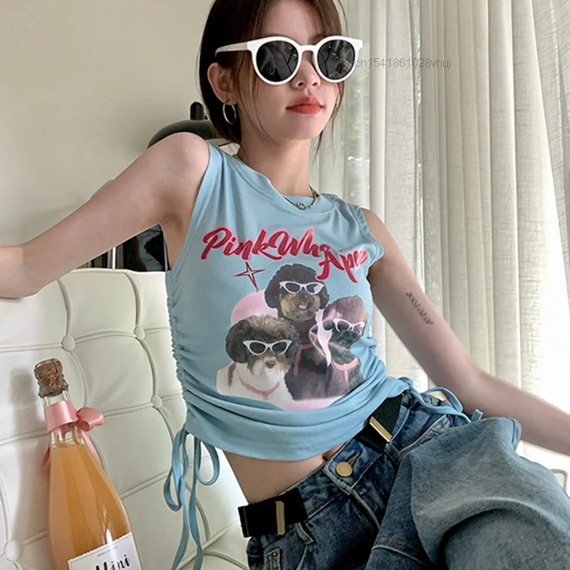 

Summer New Lovely Cartoon Dog Print Drawstring Vest Casual Harajuku Short T-shirt Women's Creative Aesthetic Crop Top Y2k Female