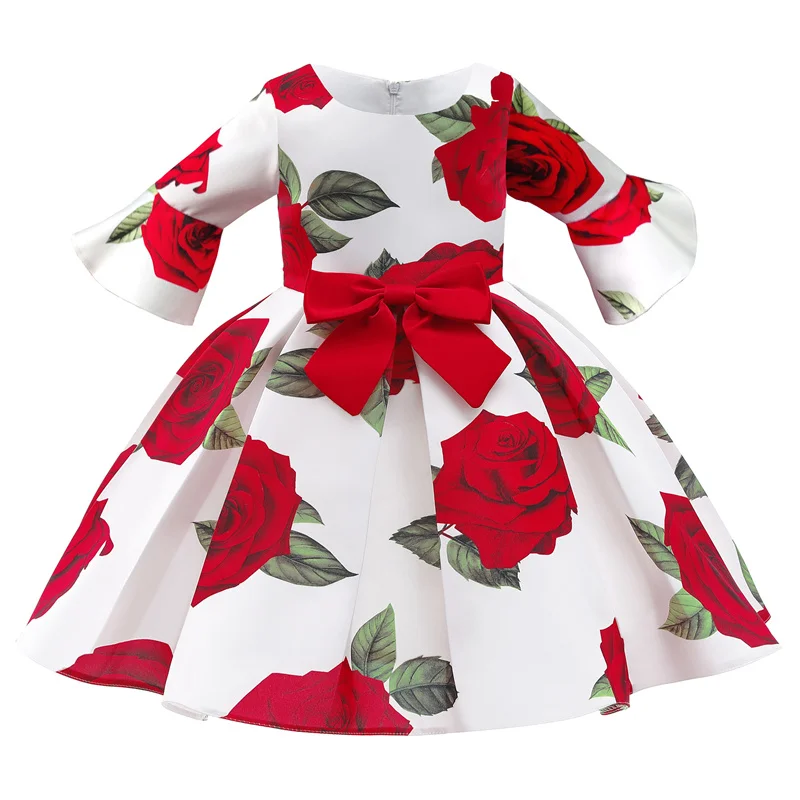 

Summer Floral Printed Dress for Young Girls 2023 Kids Vintage Big Bow Elegant Ball Gowns Children Evening Partywear Kid Frocks
