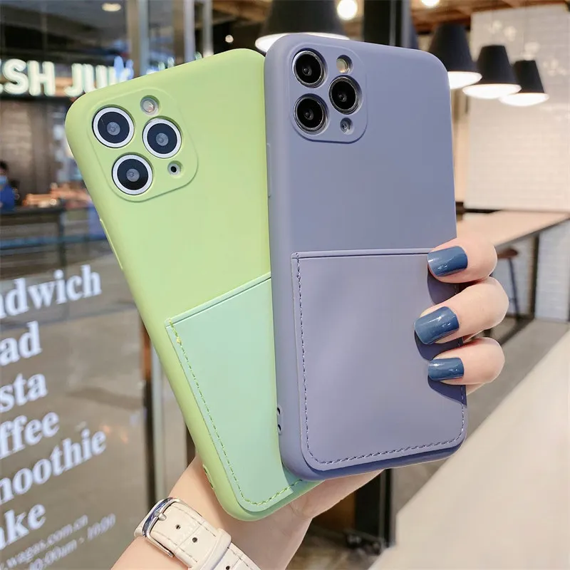 

Liquid Silicone Phone Case For iPhone 13 12 11 14Pro Max XR XS Max Full Protection Candy Color Soft Wallet Card Slots Back Cover