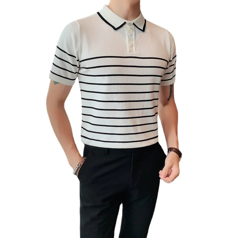 

2022 New Summer High Quality Short Sleeve Casual Fashion Striped Knit Ice Silk POLO Shirt Men's Summer Casual Lapel T-Shirt