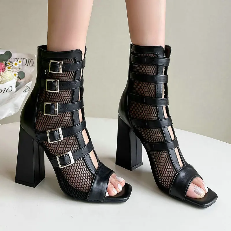 

2023 Punk Peep Toe Plain Black Mesh Net Sexy Stripper Heels Buckle Strap Gothic Block High Heeled Summer Boots Women Sandals