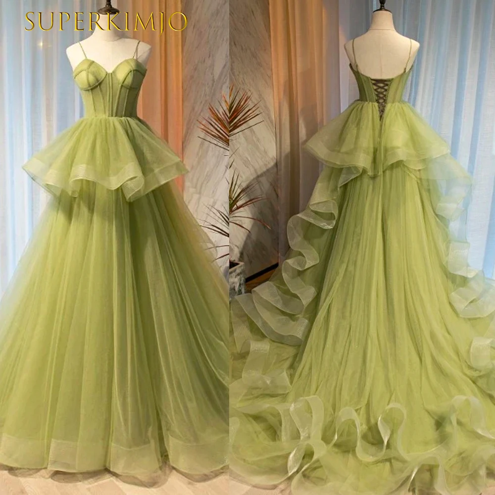 

SuperKimJo Abendkleider Tiered Prom Dresses Green Tulle Elegant Simple Prom Gown Robe De Soiree De Mariage Vestidos