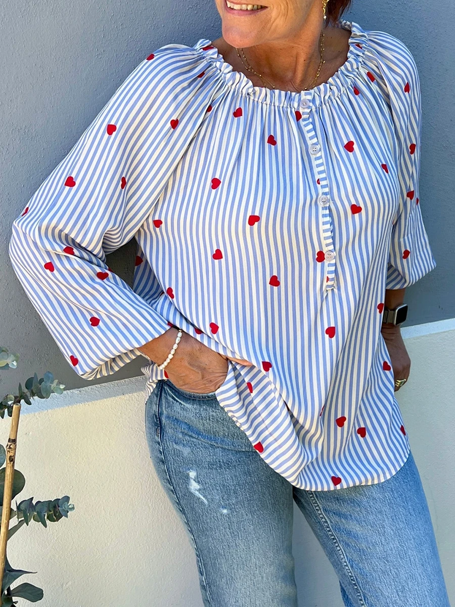 Женские топы с принтом в полоску сердца свободные рубашки длинным рукавом и