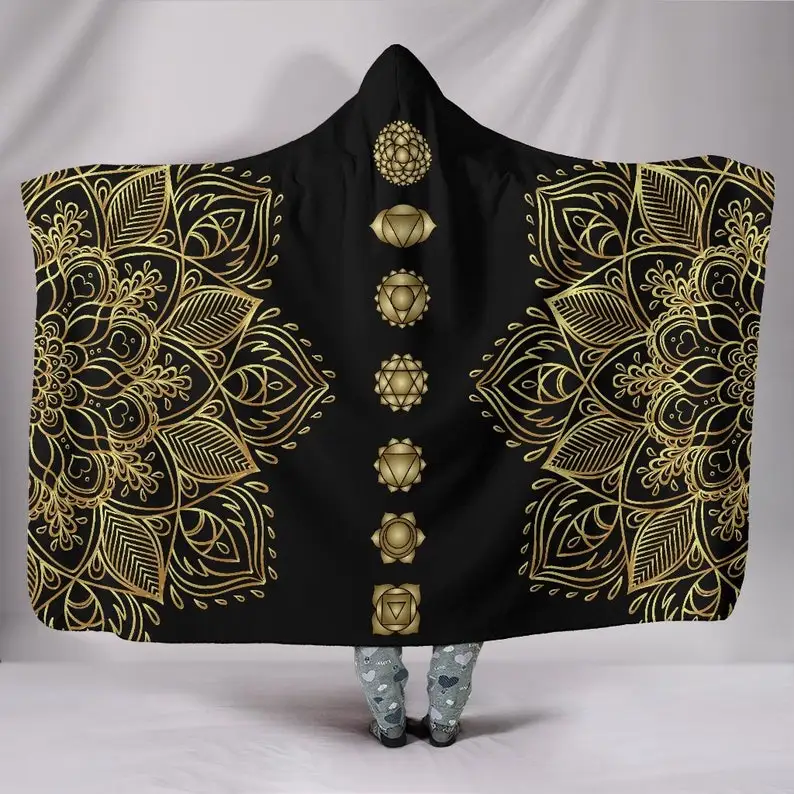

Seven Golden Chakras Mandala Hooded Blanket - Sacred Geometry Throw, Spiritual Meditation Blanket, Black Gold, Soft Wearable Bla