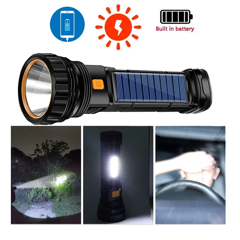 USB/Solar Charging Flashlight Built-in Battery Torch with Si