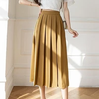 qooth design solid mid length pleated skirt 2022 spring new high waist a line skirt women elegant fashion long skirts qt1582