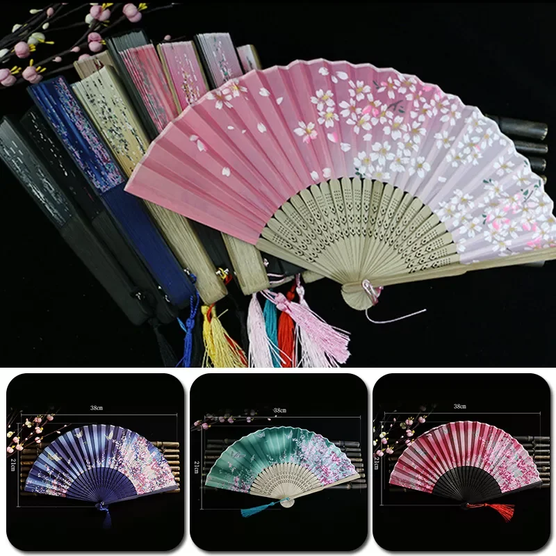 

1Pc Vintage Silk Folding Fan Retro Chinese Japanese Bamboo Folding Fan Tassel Dance Hand Fan Home Decoration Ornament Craft Gift