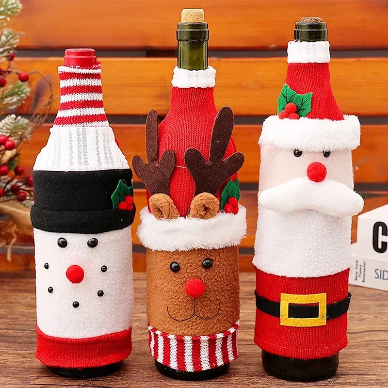 

Набор рождественских чехлов для винных бутылок с Санта-Клаусом, снеговиком, вязаные шерстяные сумки для красных винных бутылок на Новый год и Рождество