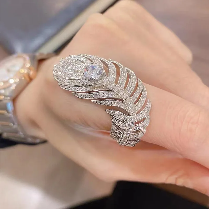 

New Precious Full Diamond Zircon Feathers Ring for Women Girl Joker Viking Brand ZA 2022 Adjustable Fine Gift Luxury Jewelry