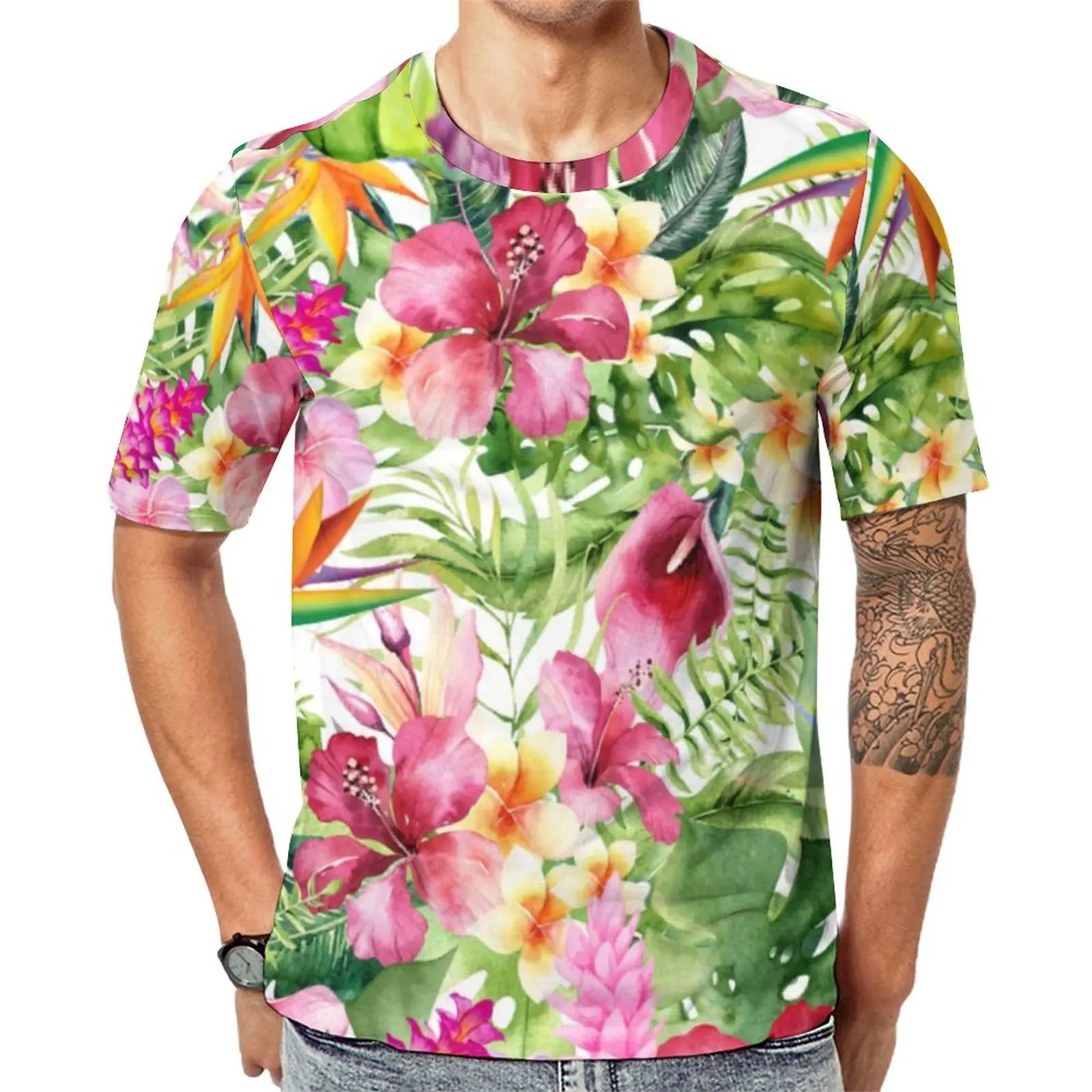 

Яркие тропические Гавайские Цветочные Мужские футболки в стиле Харадзюку, летняя футболка с графическим рисунком, базовые Топы большого ра...