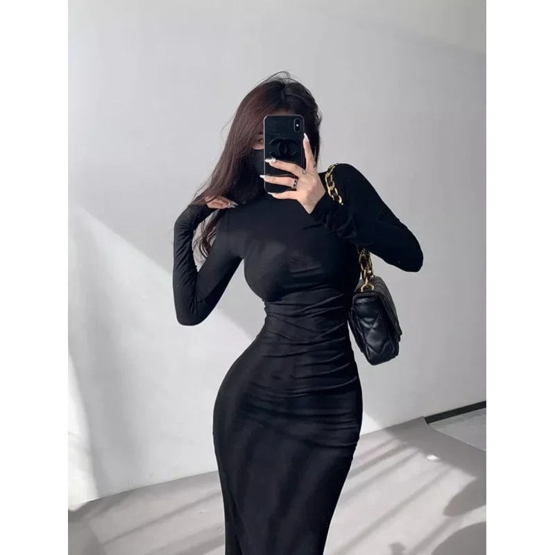 Sweet Spicy Long Sleeve Pink Dress Women's Autumn/winter Slimming Bodycon Skirt Undercoat Inner Wear Overcoat's