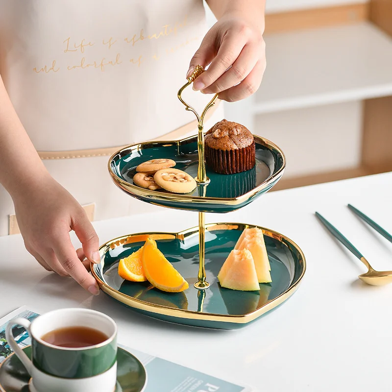 

Nordic dark green ceramic string plate creative double-layer love fruit inventory heart rack dessert table party decoration