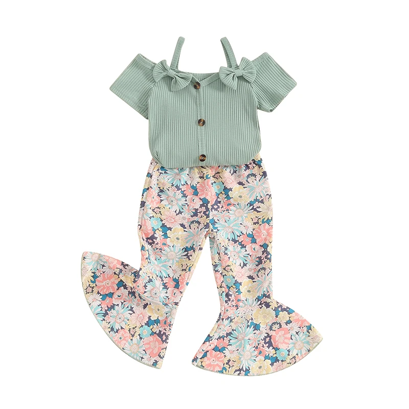 2 шт. детский летний трикотажный топ с открытыми плечами и цветочным принтом