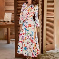 2022 summer dress women beach style floral print belt midi shirt dress slim dresses female clothes