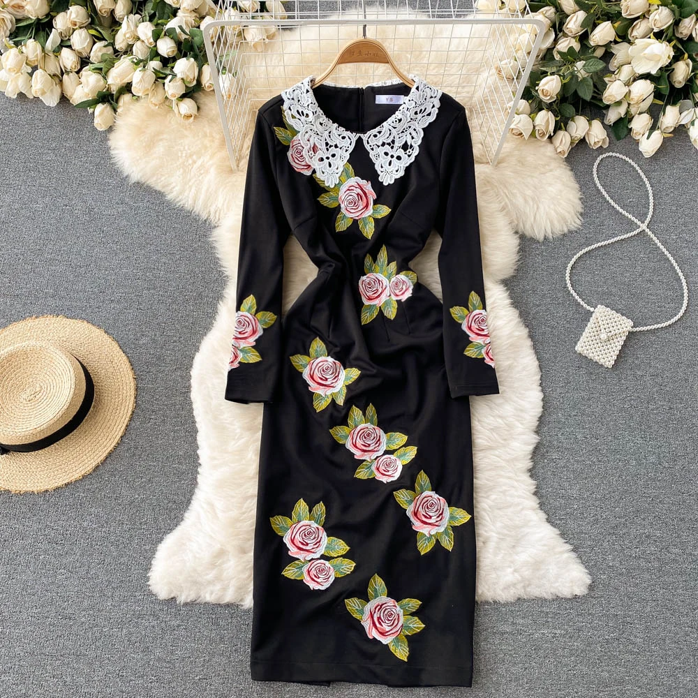 

D204 Women New Fashion Spring Autumn Lace Stitching Retro Embroidery Flower Long Sleeve Split Wrap Hip Dress Elegant Vestidos