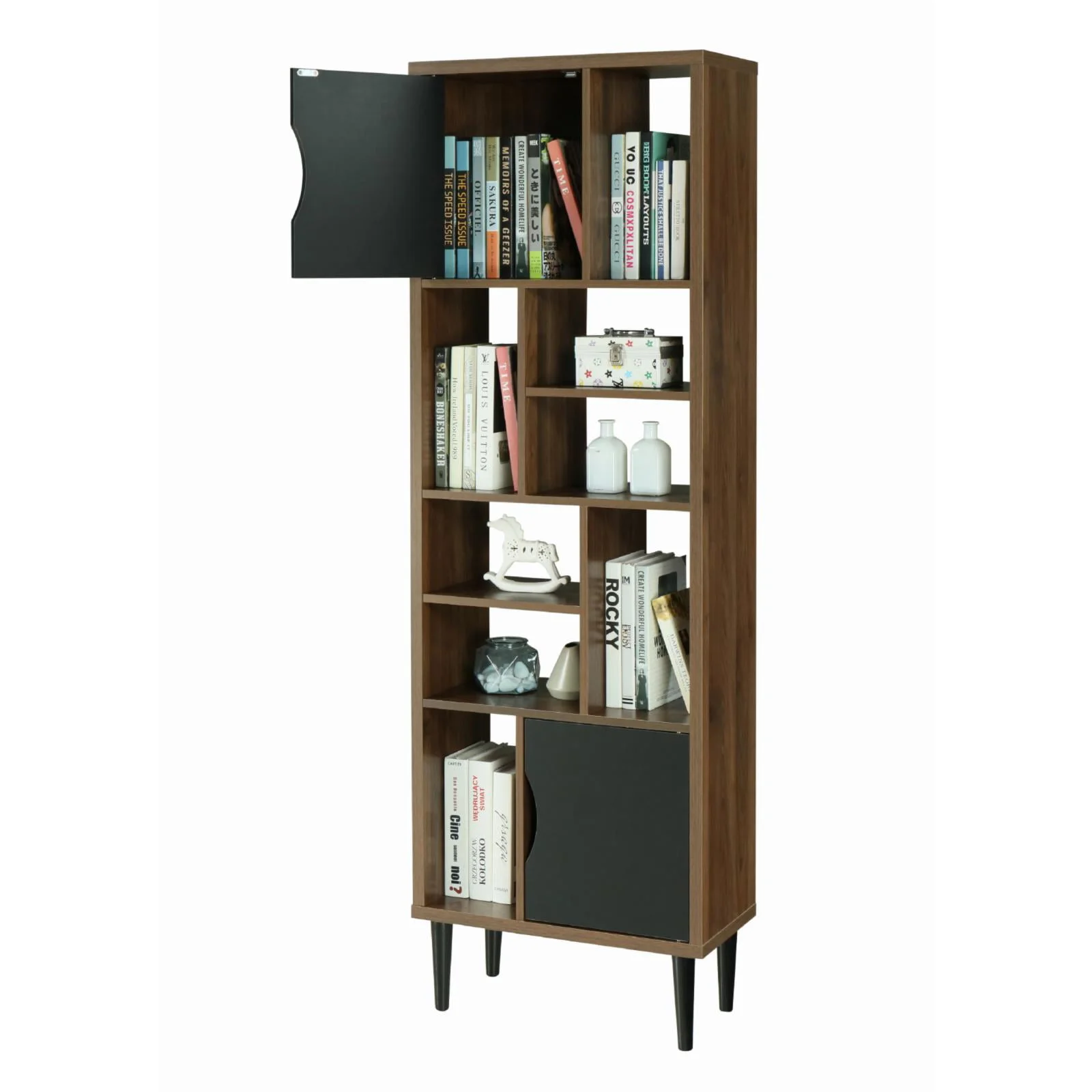 

OS Home and Office Furniture Mid Century Modern Accent Bookcase with Two Doors and 10 Storage Areas On Wood Legs