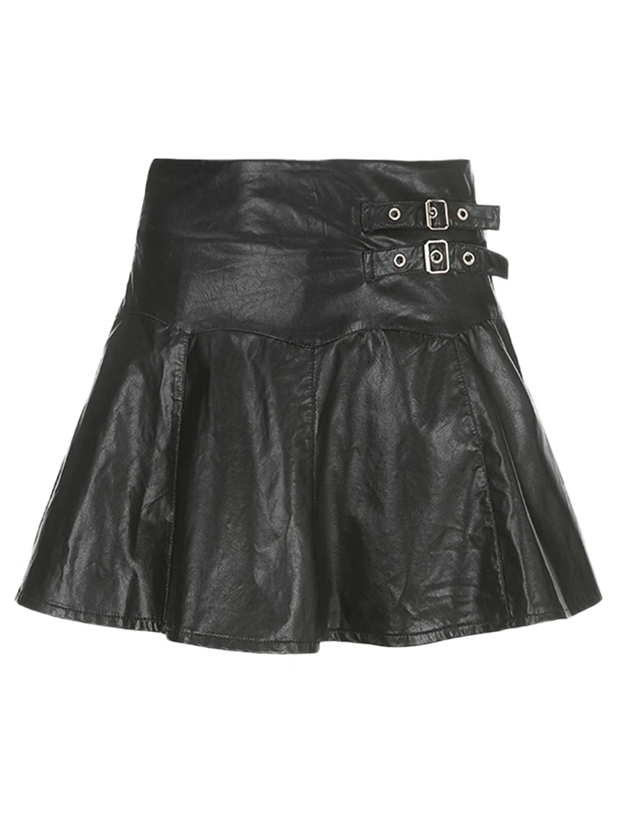 

Women s Faux Leather Mini Skirt Gothic High Waist Solid Color Zip Up Flared A-line Skirt