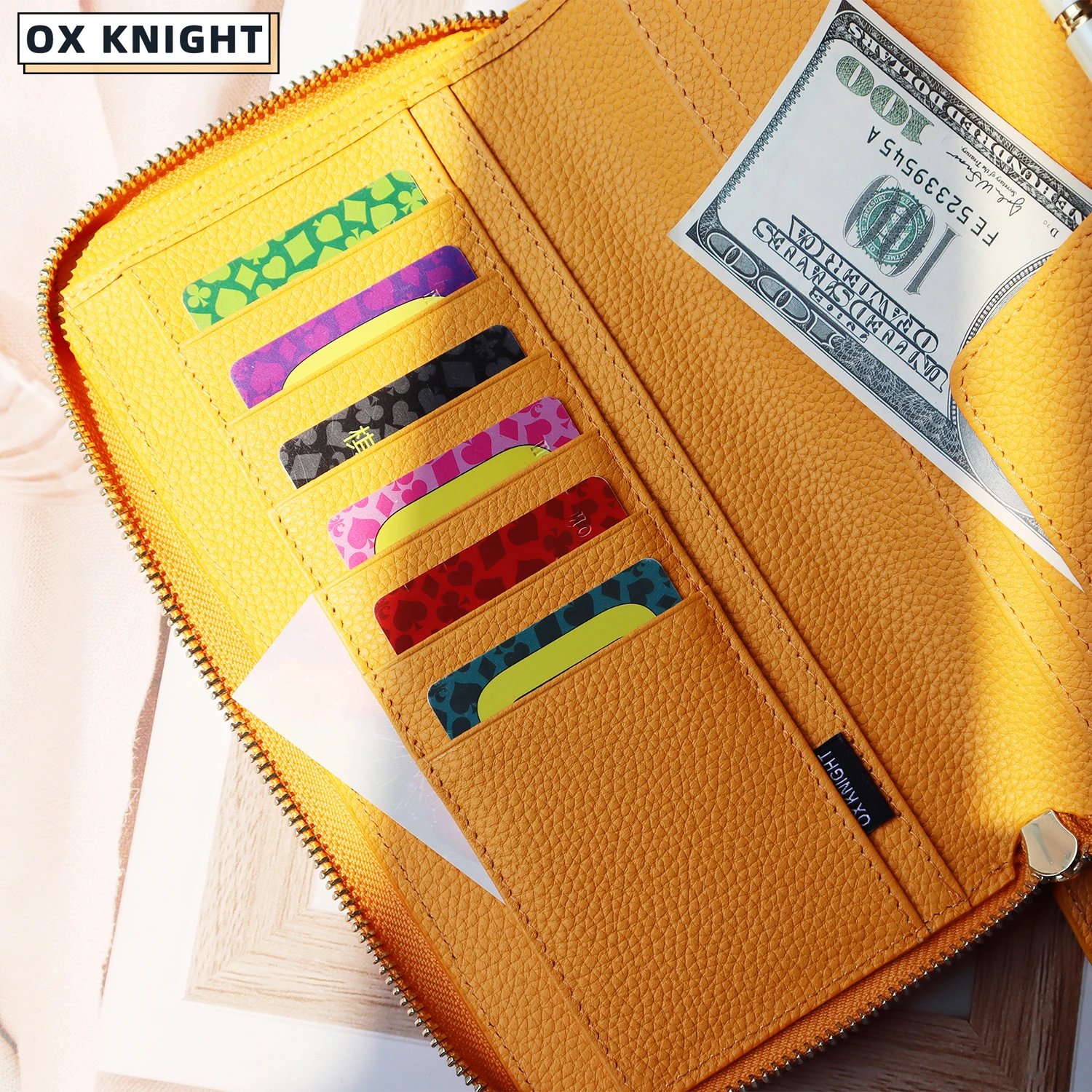 OX KNIGHT Genuine Zippered Weeks Cover Pebbled Grain Leather Planner Multifunctional Wallet Bank Card Holder Journal Notepad