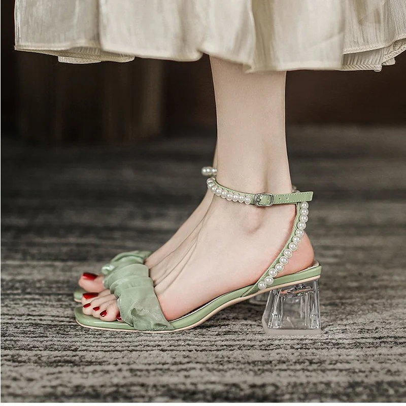 

Босоножки женские на массивном каблуке, пикантные сандалии с бусинами на ремешке, Каблук 5 см, летняя вечерняя Классическая обувь, туфли-лод...