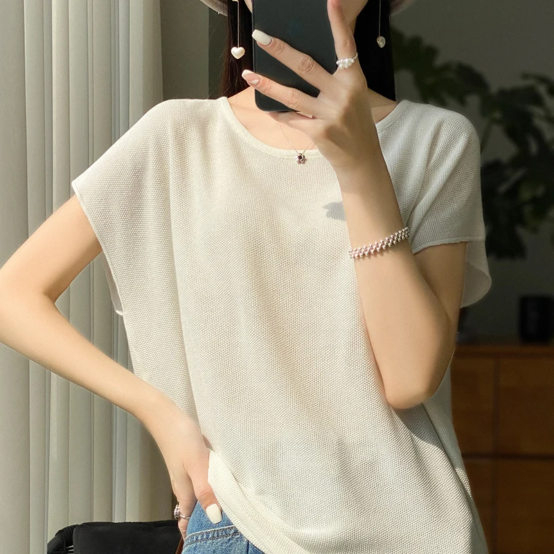 

Women's T-shirt 2023 New Sweater Short-sleeved Casual Solid Color Knitwear Ladies Tops Round Neck Tees Overside Loose Blouse