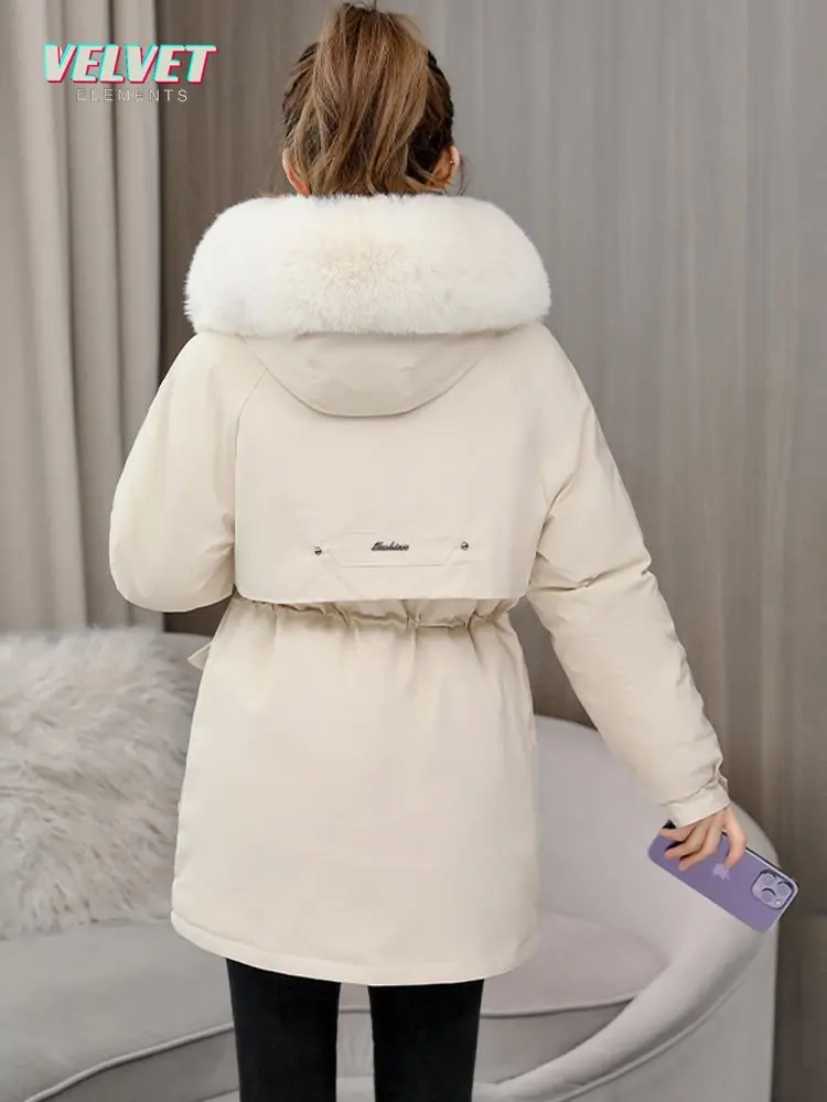 VelvetElements 2023 New Winter Fur Hooded Long Sleeve Jacket Women Solid Cotton-padded Warm Loose Parkas Coat Fashion Outwear