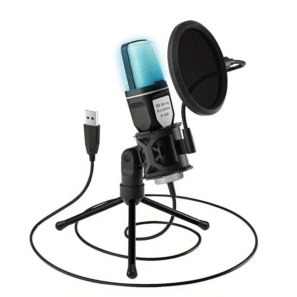 

RGB USB Condenser Microphone Cardioid Gaming Mic SF-666R With Anti-Vibration Shock Mount Pop Filter