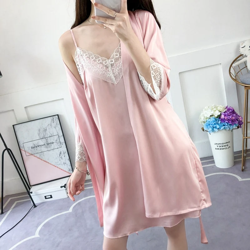 

Women's Pajamas Sexy Satin Sleepwear Robes Dress Set Pijamas Lace Lingerie Night Gown Bathrobe Bridesmaids Women's Dressing Gown