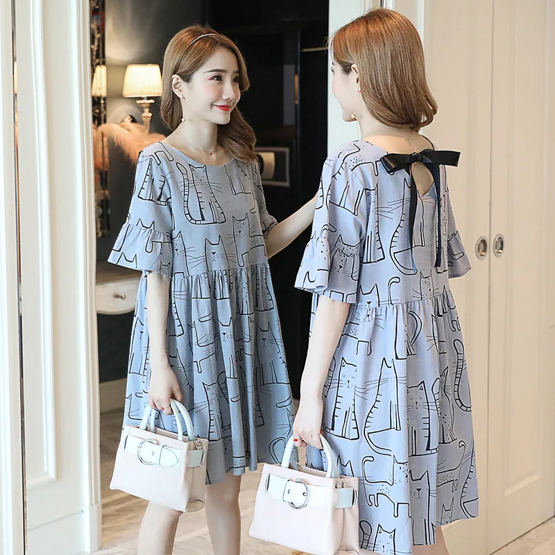 

1pcs/lot woman spring summer loose print dress female back bowknot pregnant cat print dress