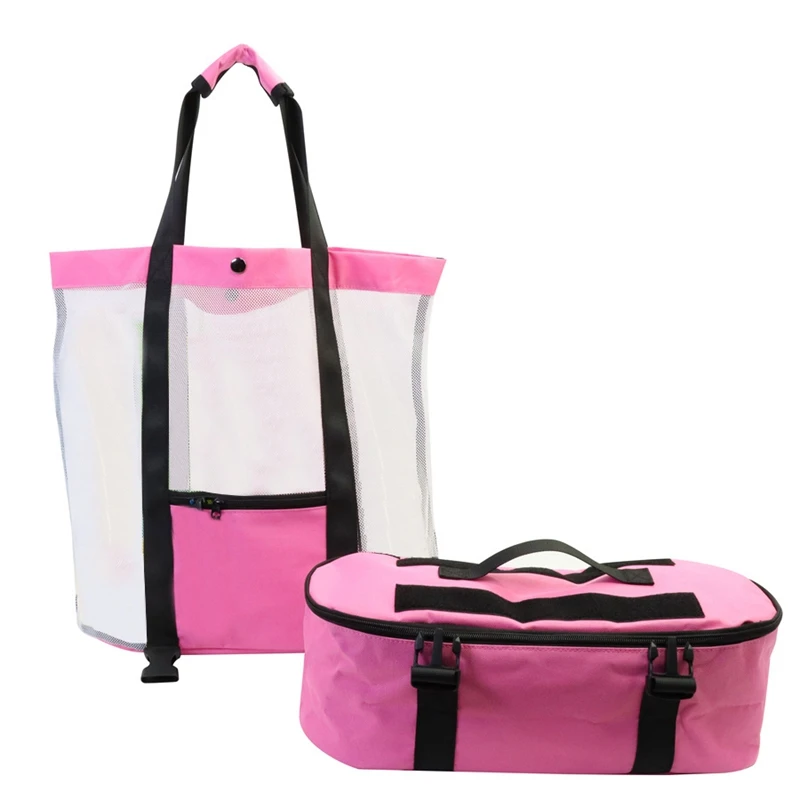 

2-In-1 Detachable Mesh Beach Bag For Toys, Towels, Flip-Flops, Lunch Boxes, Portable Beach Storage Bag With Thermal Bag Pink