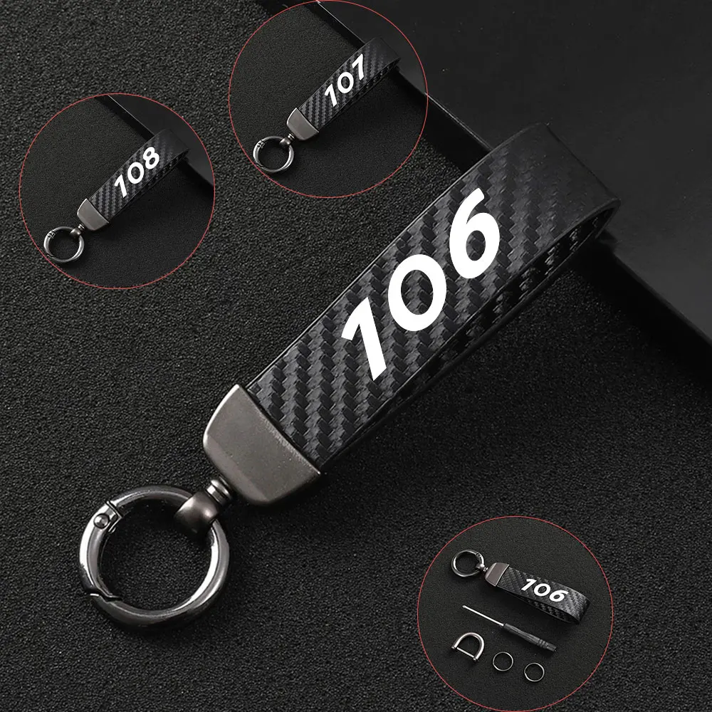 

For Peugeot 106 107 108 New fashion Car Key Ring Carbon Fiber Metal Rope Keychain Holder Car Styling Auto Accessories