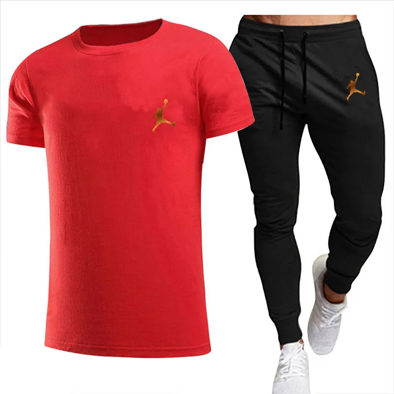 2023 Men's Leisure Sports Suit Men's Leisure Fitness Sports Suit Short Sleeve T-shirt + Trousers