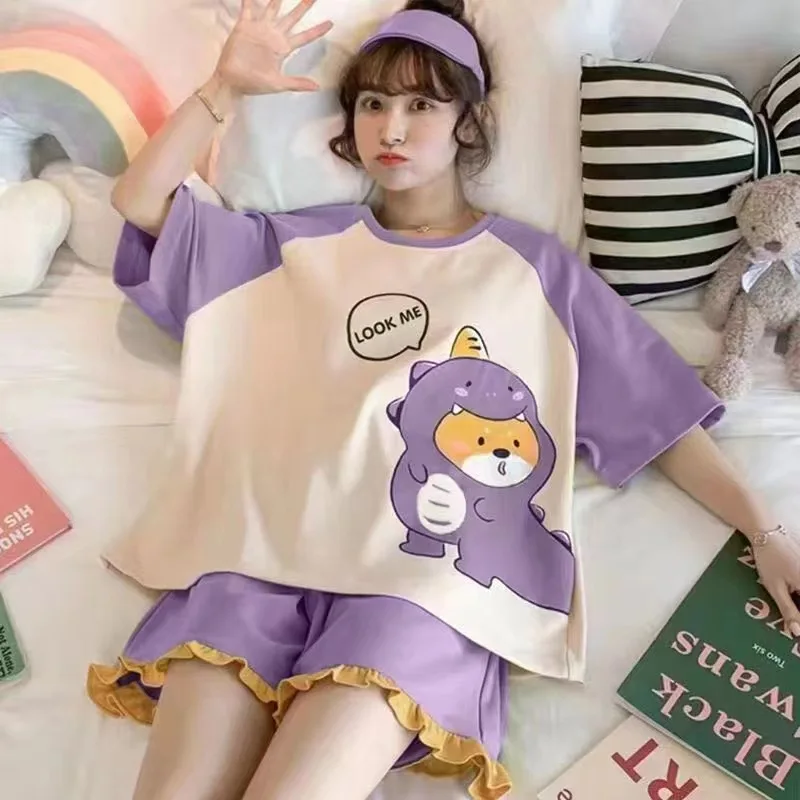 New Plus Size Womens Pajamas Summer Shorts Sleepwear Leisure Womans New Big Size Ladies Cute Cartoon Printing Pyjama Home Suit