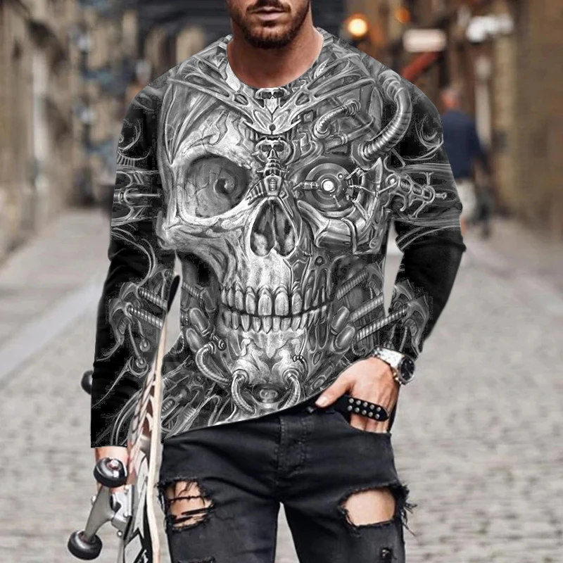 

2022 Skull 3D Print Long Sleeve T-shirt For Men Loose Casual T Shirt Oversized Summer Round Neck Fashion Tshirt Street Sport Top