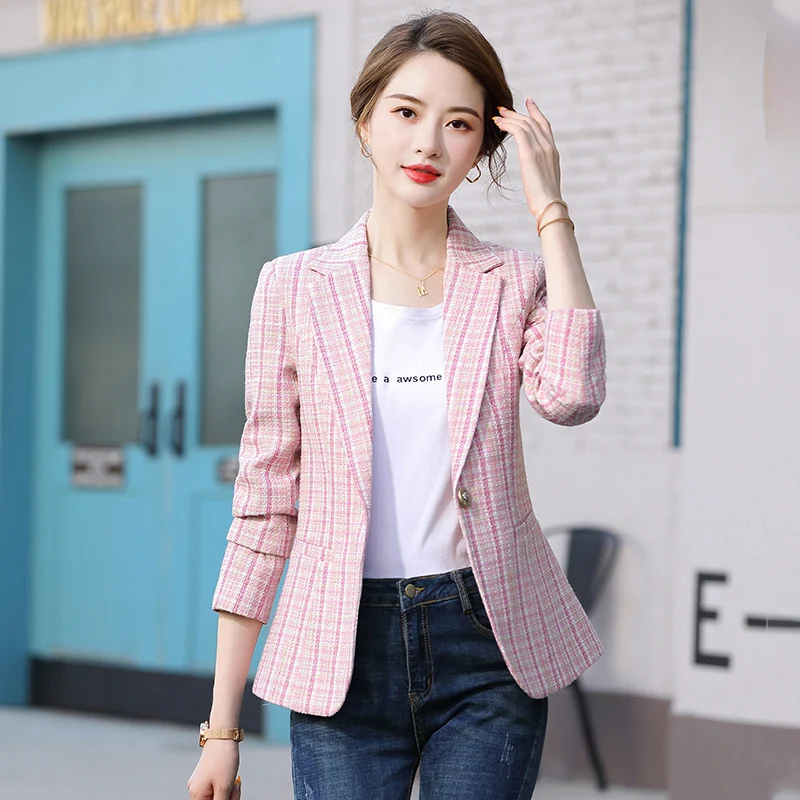 Big Size 5XL Autumn Spring Women's Blazers Plaid Double Breasted Pockets Formal Jackets Checkered Outerwear Tops Streetwear