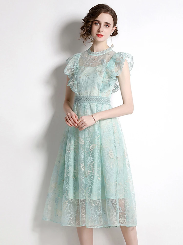 

2022 Summer Women's Dress Round Neck Mid Waist Ruffle Sleeve Fashion Embroidered Elegant Patchwork Dress B158