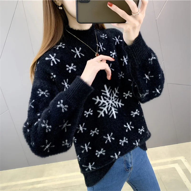 

Winter Autumn Thick Half Turtleneck Mink Cashmere Sweater Women Korean Slim Embroidery Pullover 4 Color Long Sleeve Tops Female