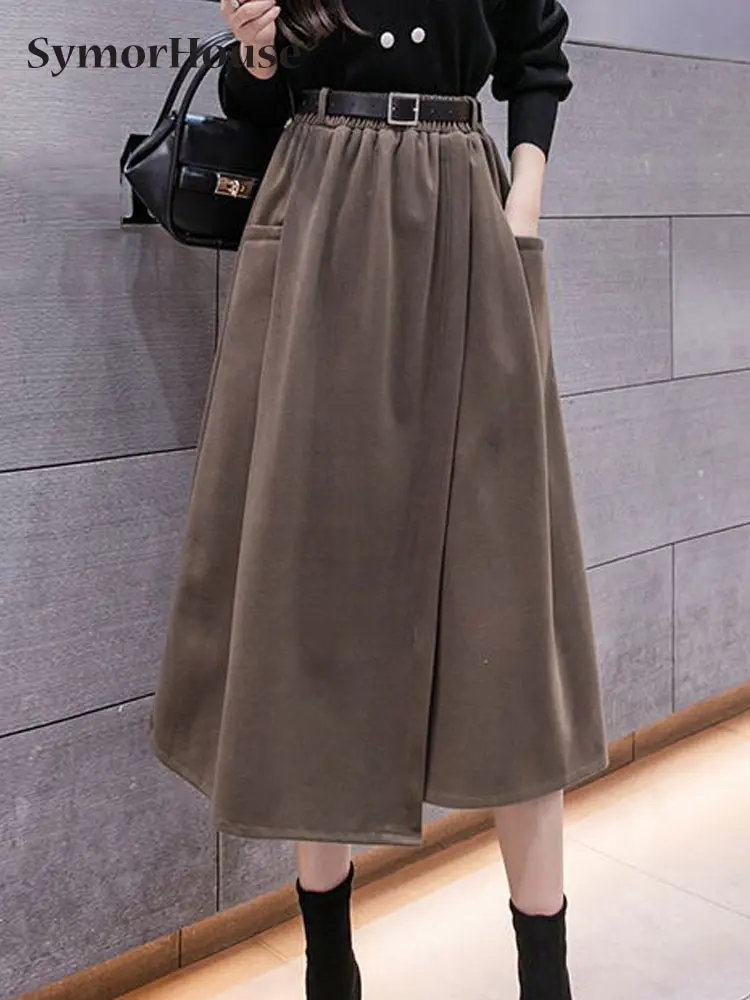 

New 2022 Autumn Winter Loose Woolen Skirts For Women Elastic High Waist Irregular Pockets A-Line Wool Midi Skirts Female