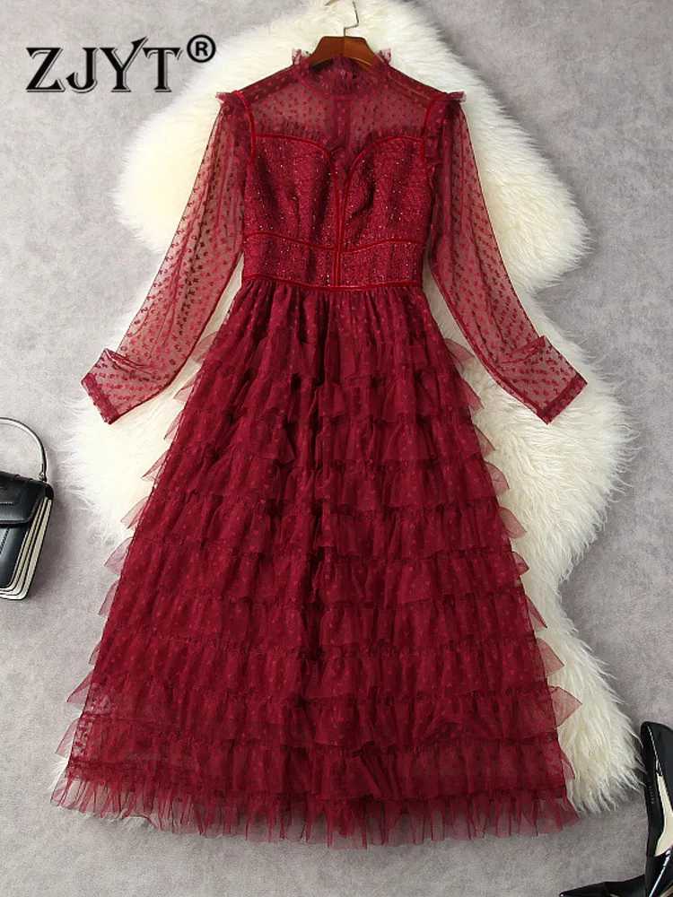 

Женское дизайнерское коктейльное платье, модельное платье миди с каскадными оборками, прозрачное Сетчатое платье, сексуальное вечернее пл...