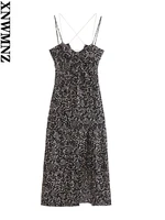 xnwmnz womens fashion chain strap printed midi dress with knot women retro v neck backless summer elegant front slit dresses